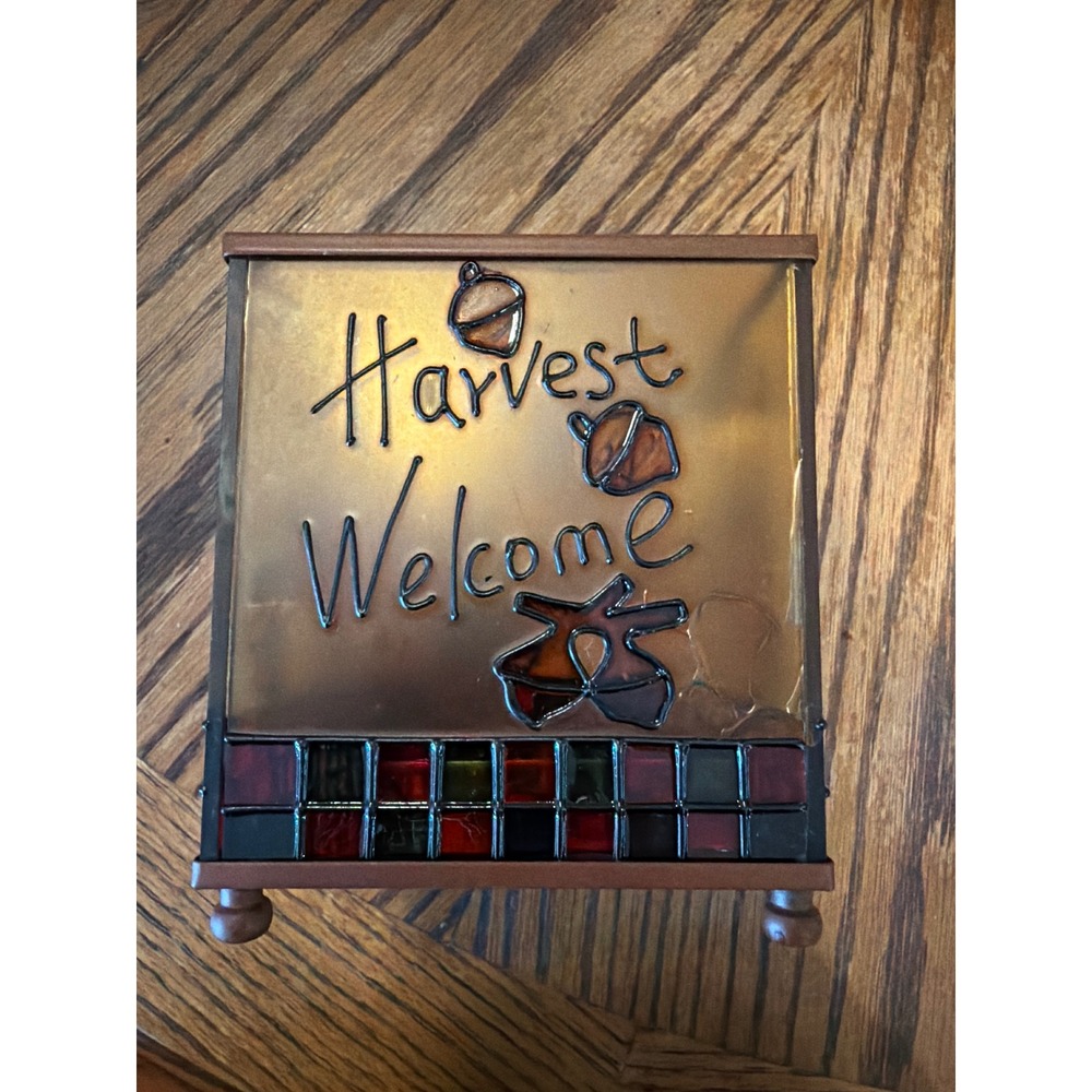 Harvest Welcome Fall Glass Lantern Cornucopia Mosaic Candle Holder 4x4x4.5